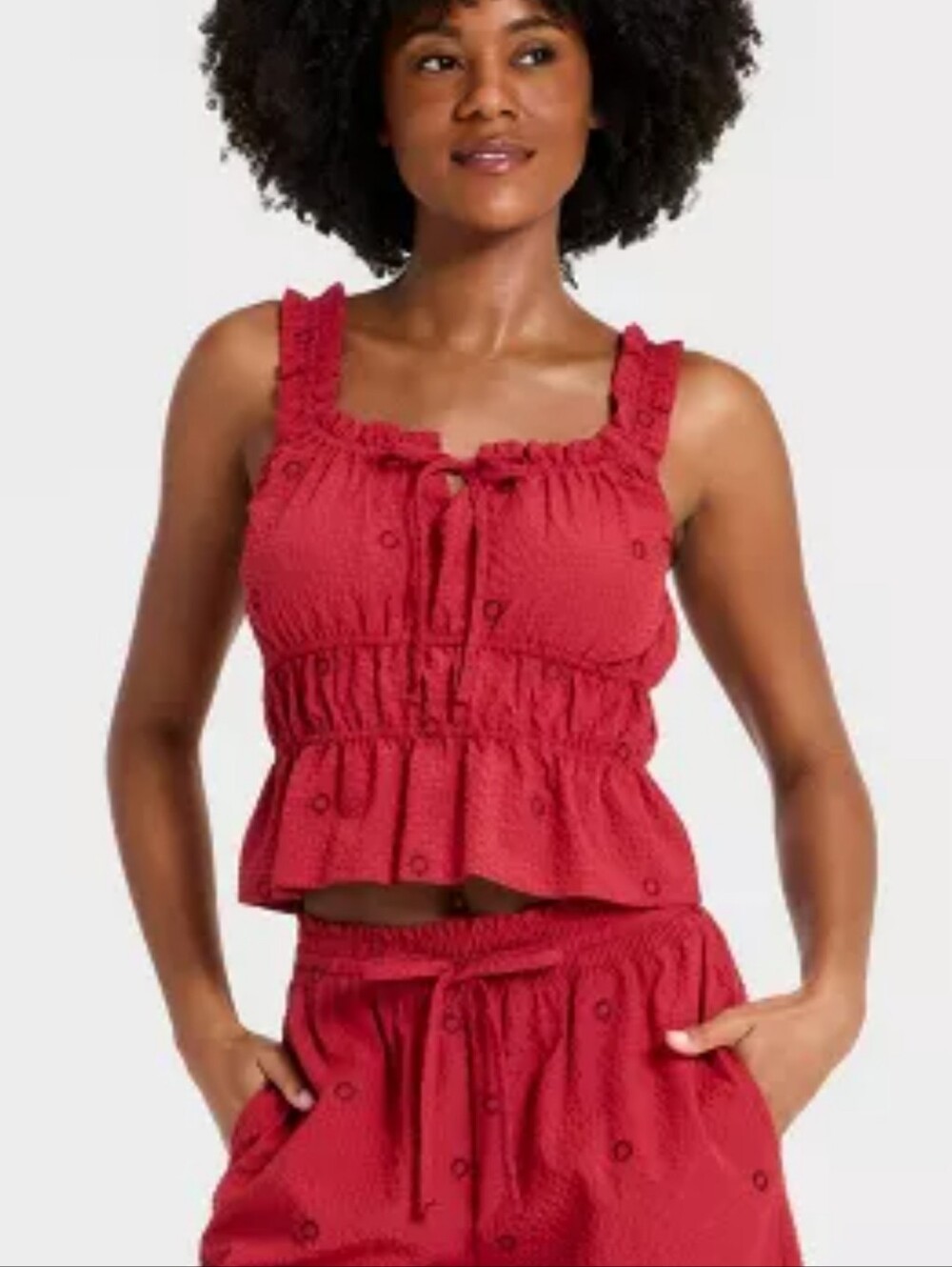 ✨ Auden Red Ruffle Seersucker Sun Embroidered Tank Top ✨